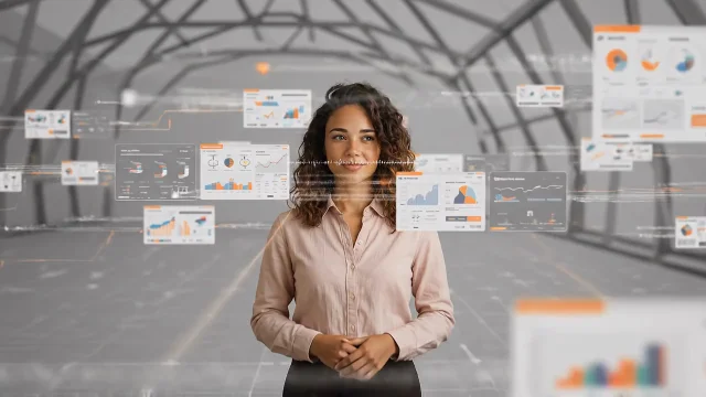 Avatar podcaster in a podcast library room with holographic faces around - AI videos