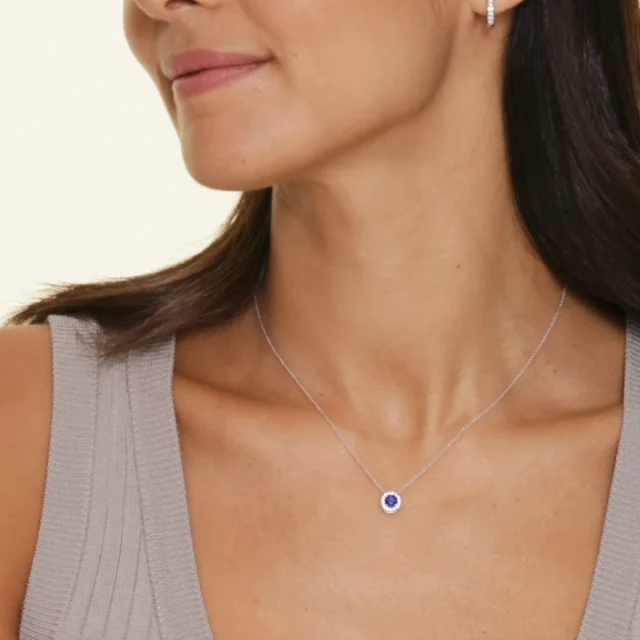 Sapphire Halo Diamond Pendant in 18K White Gold