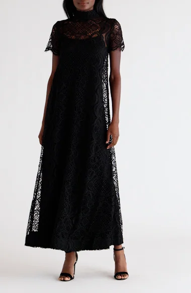 MELLODAY Mock Neck Lace Overlay Maxi Dress