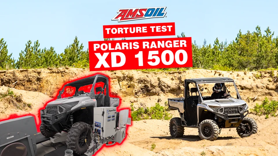 Two images, one is a Polaris Ranger XD sitting in a sand pit parked with a driver in it.  The other, is the same Polaris Ranger XD running on a dyno.  Image text says "Polaris Ranger XD 1500 Torture Test"
