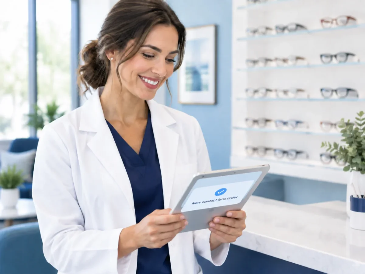 Optometrist at the front desk viewing a new order on a tablet