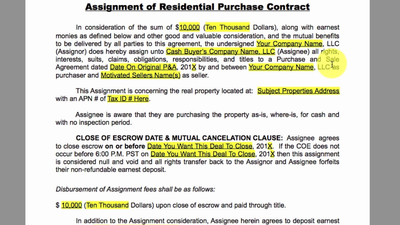 Purchase agreement assignment clause