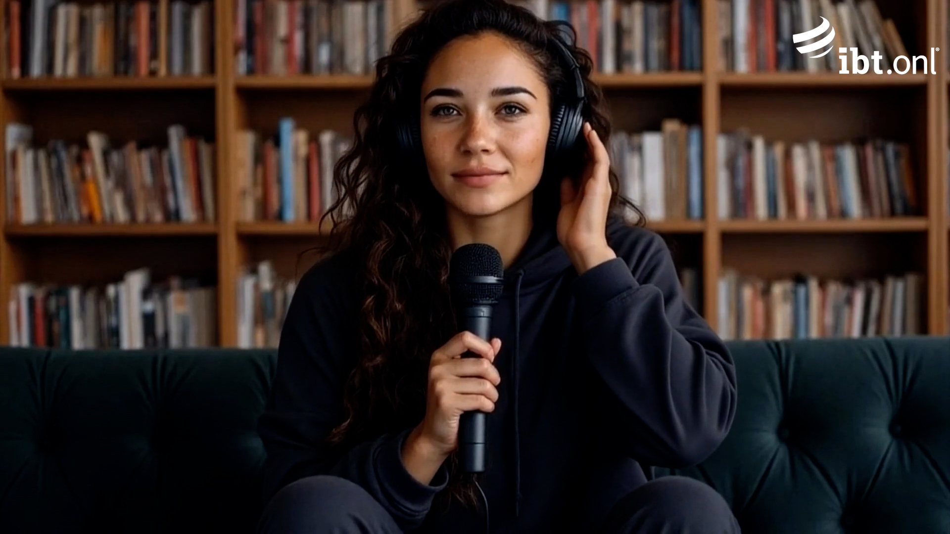 Avatar podcaster in a podcast library room with holographic faces around - AI videos