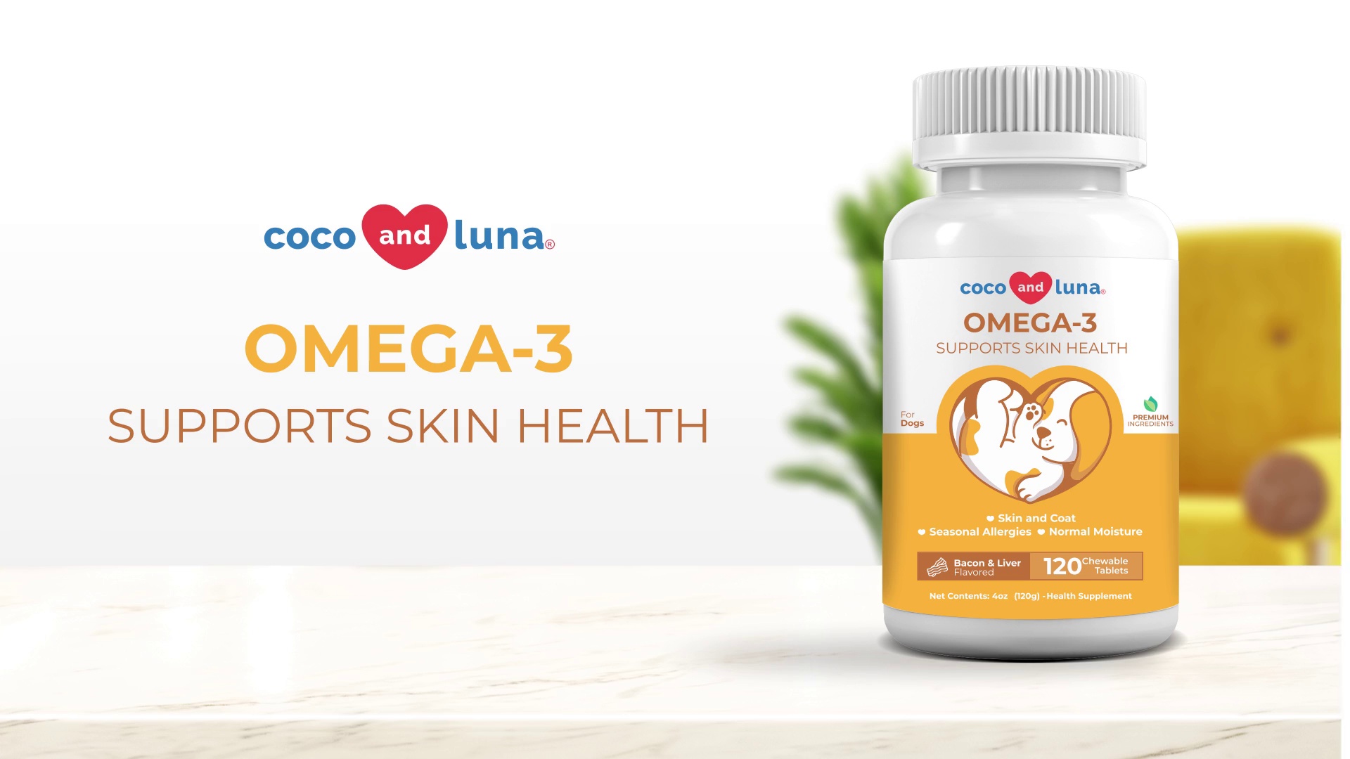 Coco and Luna Omega 3 6 9 Skin Coat Bacon Liver Flavor Dog Supplement 120 count