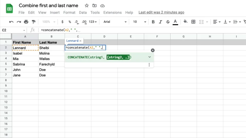 How to Combine First and Last Name in Google Sheets