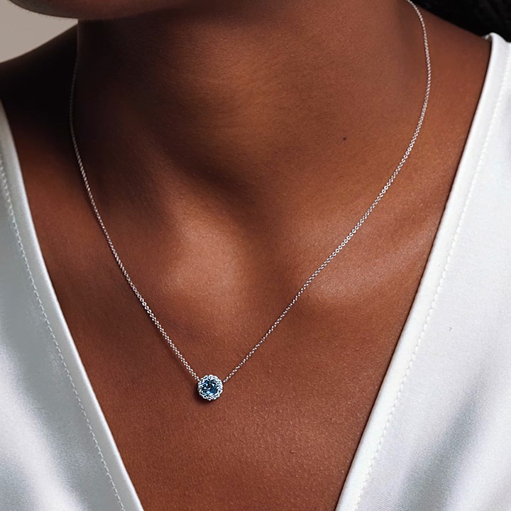 Aquamarine Halo Diamond Pendant in 18K White Gold