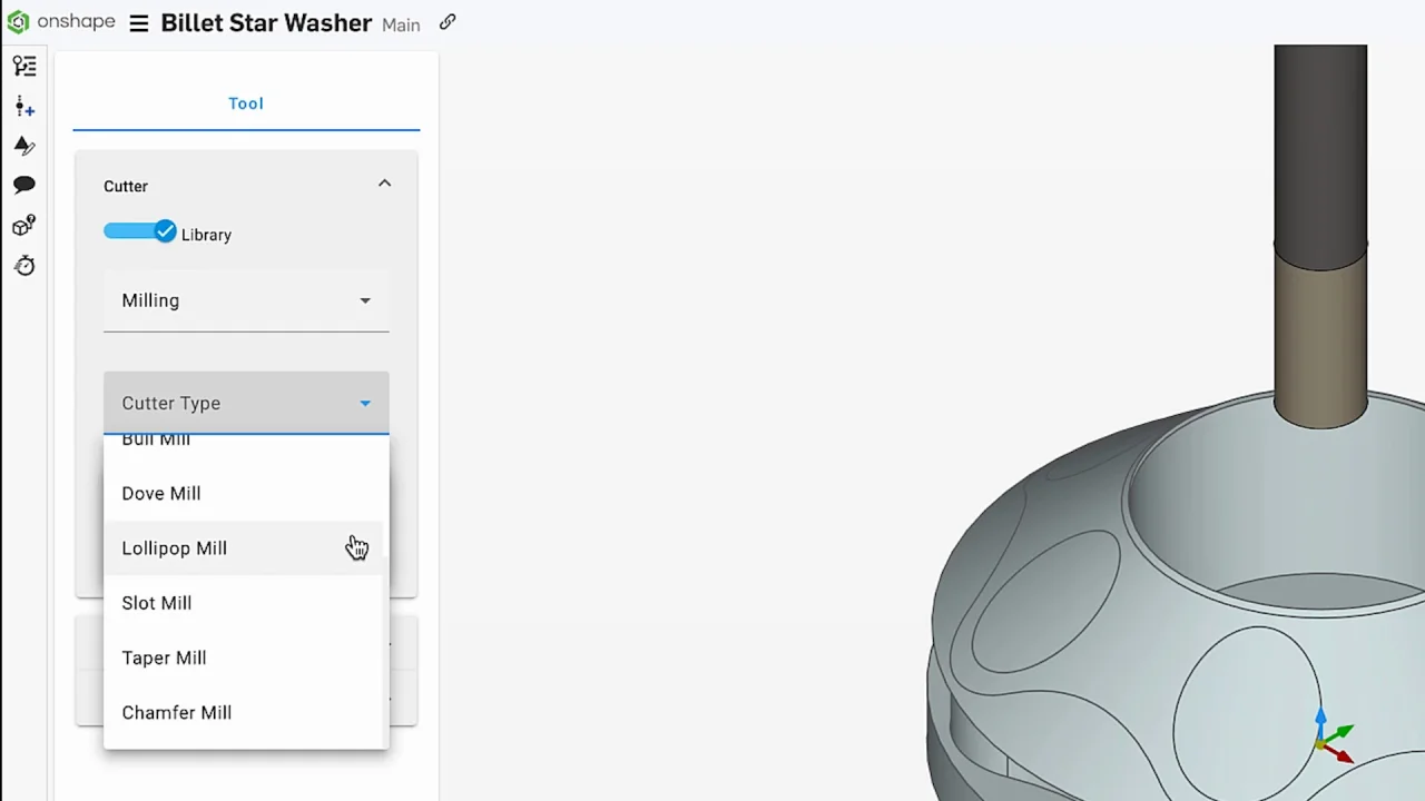 Onshape CAM Studio custom-tool dialog beside a cutter positioned in a billet part