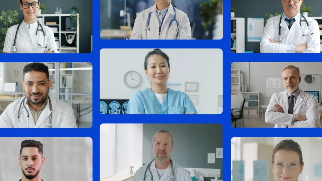 Grid of nine headshots of diverse medical professionals, most wearing white coats and stethoscopes
