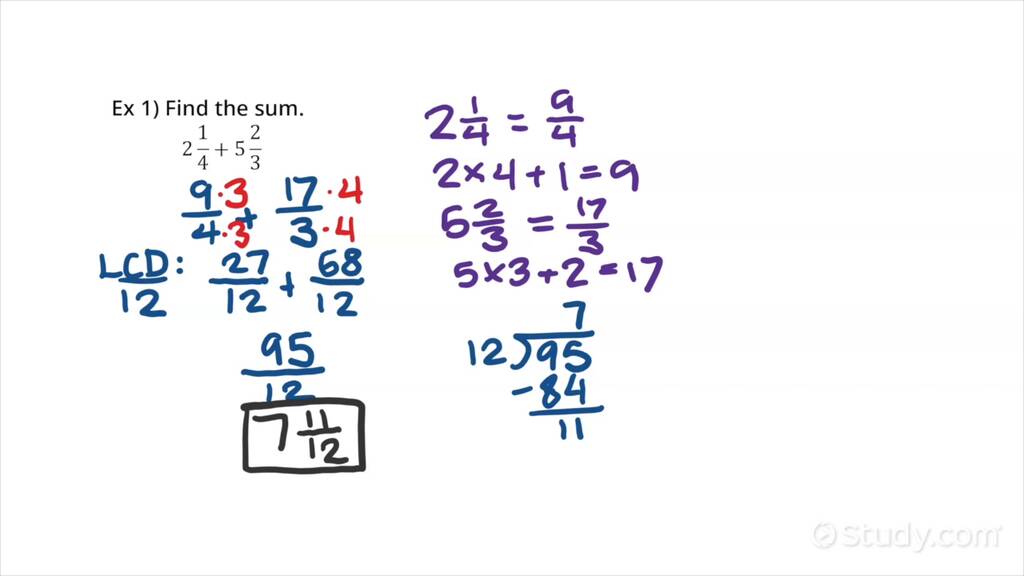 Adding or Subtracting Mixed Numbers by Finding Common Denominators ...