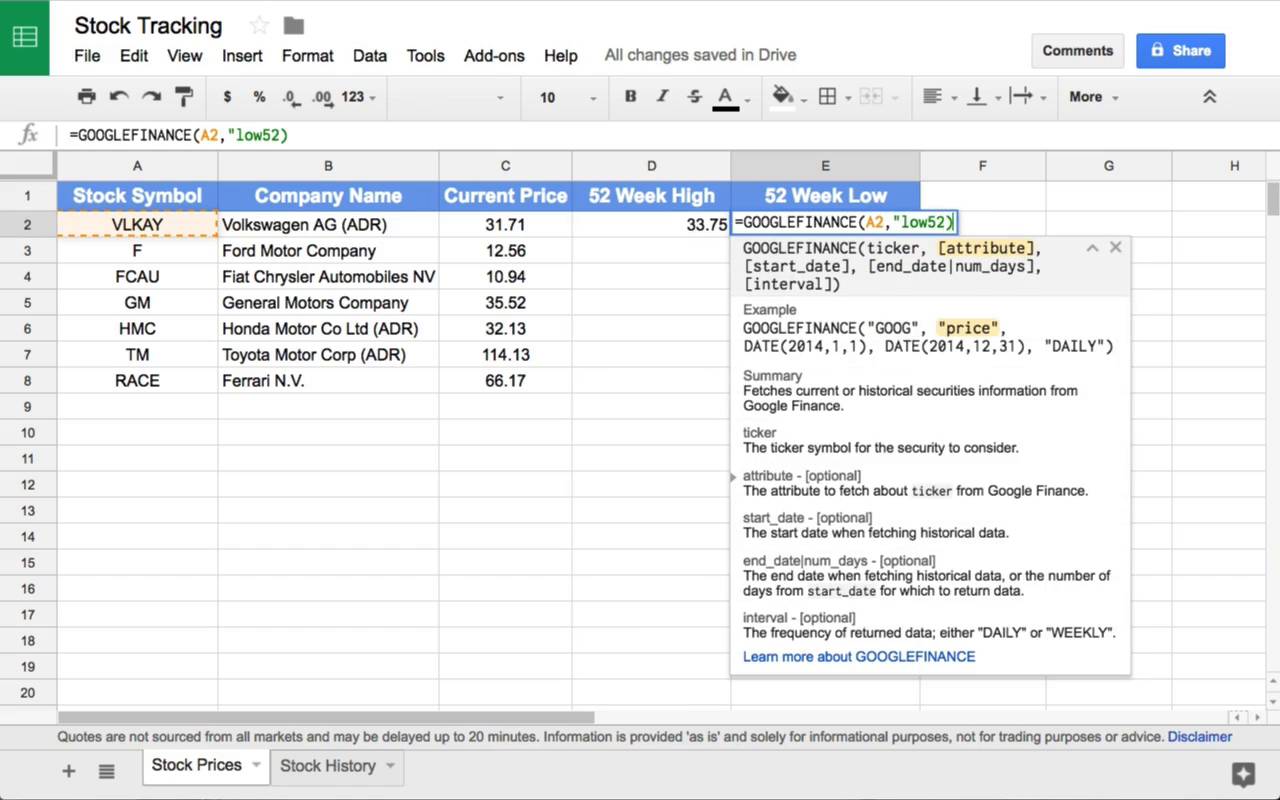 how to track stock data in google sheets with googlefinance function employee timesheet