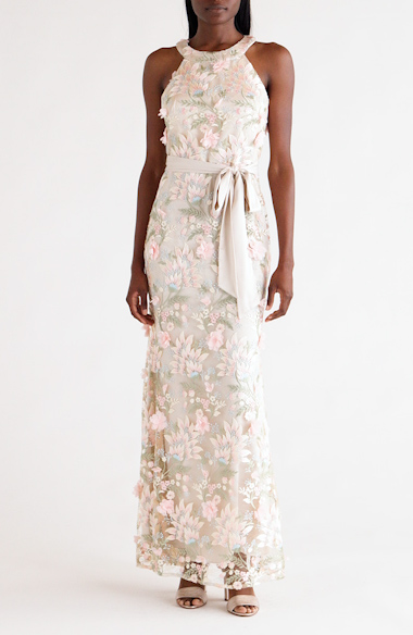 Eliza J Floral 3D Embroidered Halter Neck Gown (Women) | Nordstrom