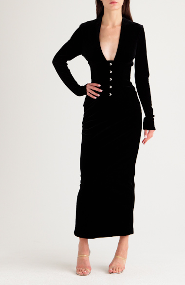 NWT House Of Cb Farrah Dress Sz L online / US 8-10 Black Velvet Long Sleeve Deep V-Neck