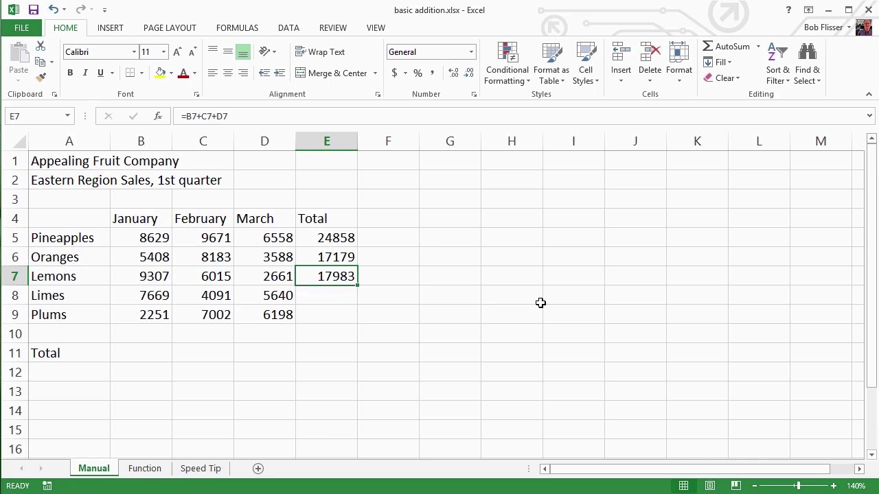 Introduction to Spreadsheets - Basic Formula: Adding Numbers in a ...