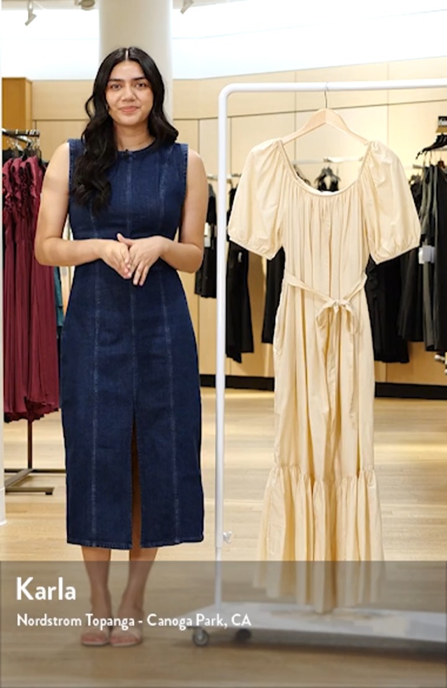 ganni cotton silk maxi dress Poplin Smock – Annabel ruched silhouette Swatch:#BBD3DE Dress Size:8 White Men Band Collar