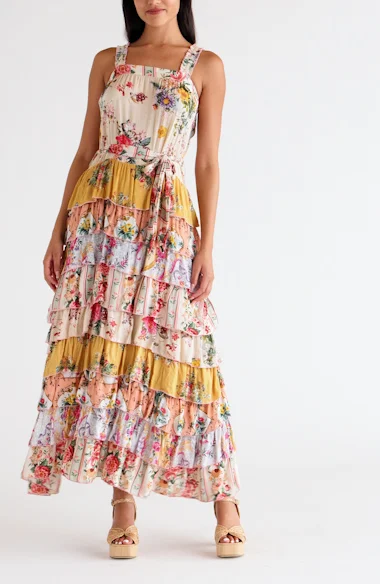 BAROK PARIS Floral Ruffle Tiered Maxi Dress