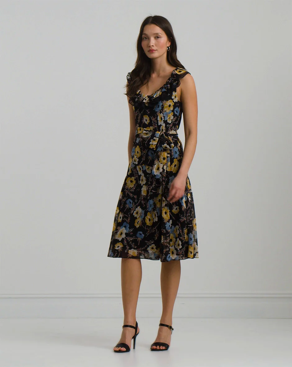 Floral Belted Crinkle Georgette Dress