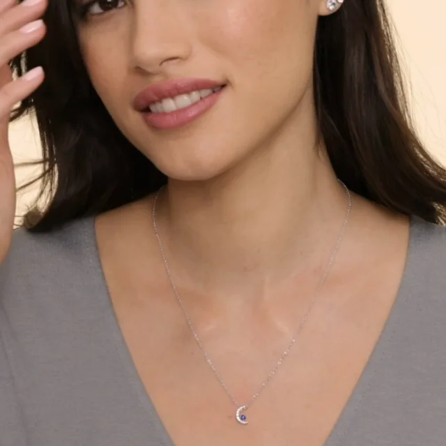 Silver Crescent Moon Sapphire and Diamond Pendant
