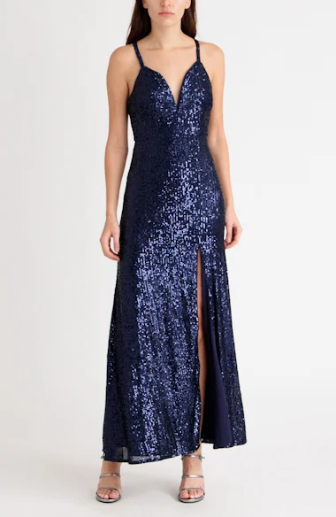 morgan and co sequin dress Morgan & Co Gown Yellow Sequins Straps & V. Gorgeous For Prom Or Wedding Guest
