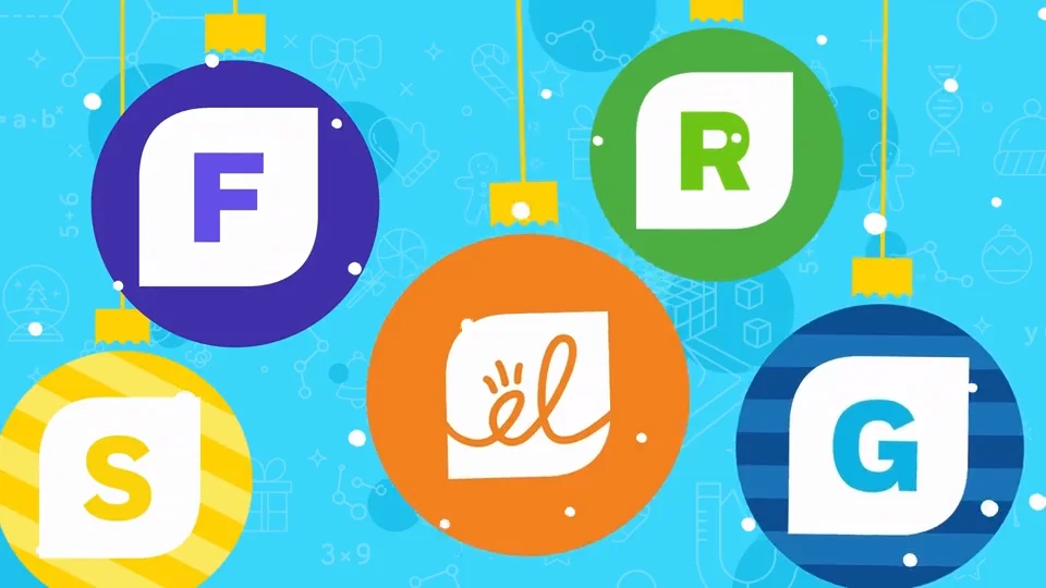 Colorful holiday ornaments on blue winter themed background with snowflakes and icons. The ornaments have Frax, Science4Us, Reflex, Gizmos, and ExploreLearning logos on them..
