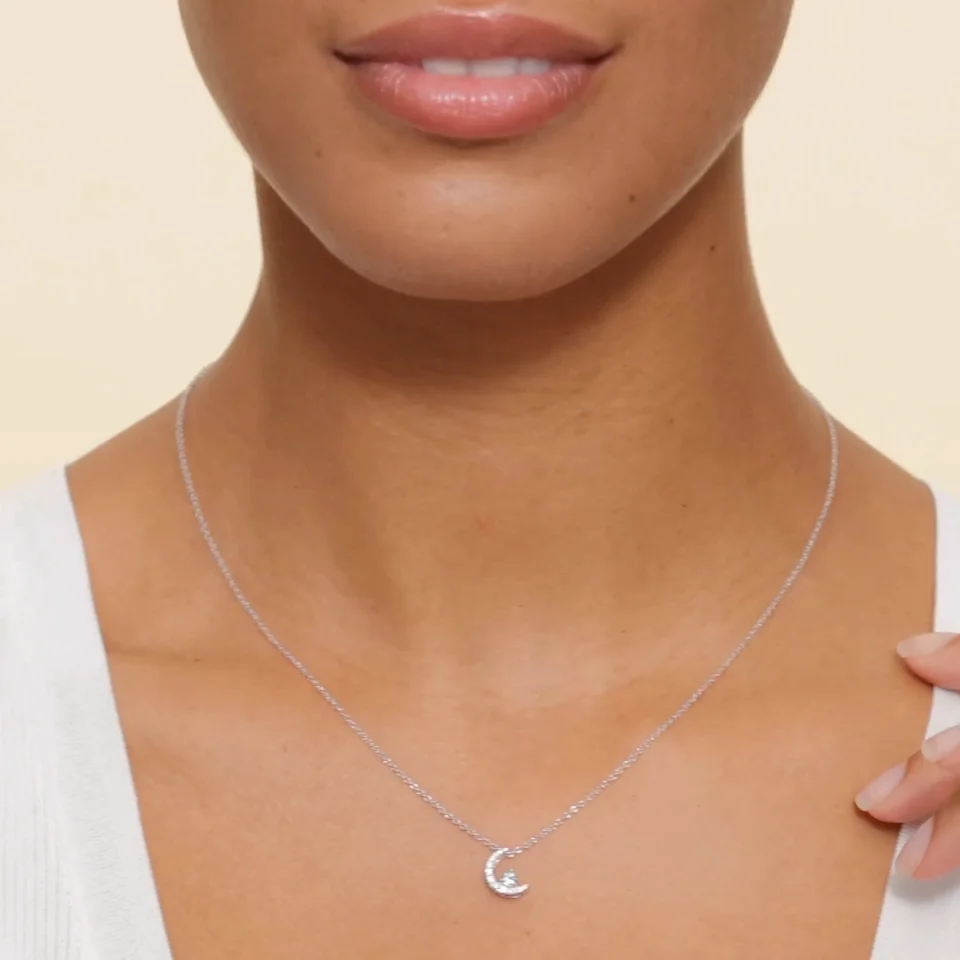 Silver Crescent Moon Aquamarine and Diamond Pendant