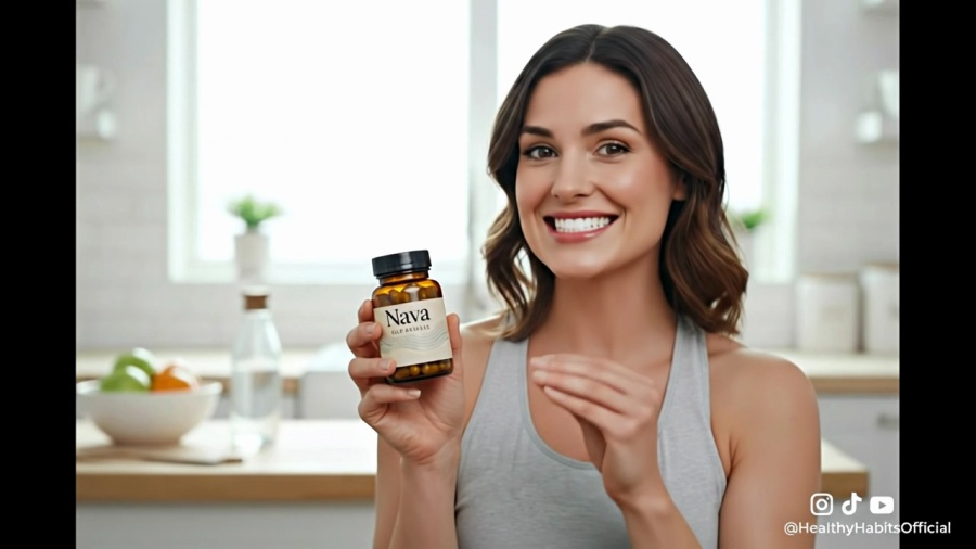 user-generated content - woman in a kitchen holding up a bottle of healthcare capsules and smiling 