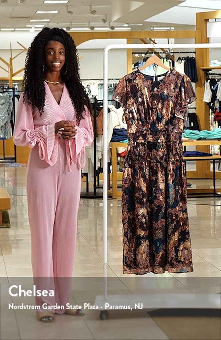 Eliza J Metallic Floral Flutter Sleeve Midi Dress | Nordstrom