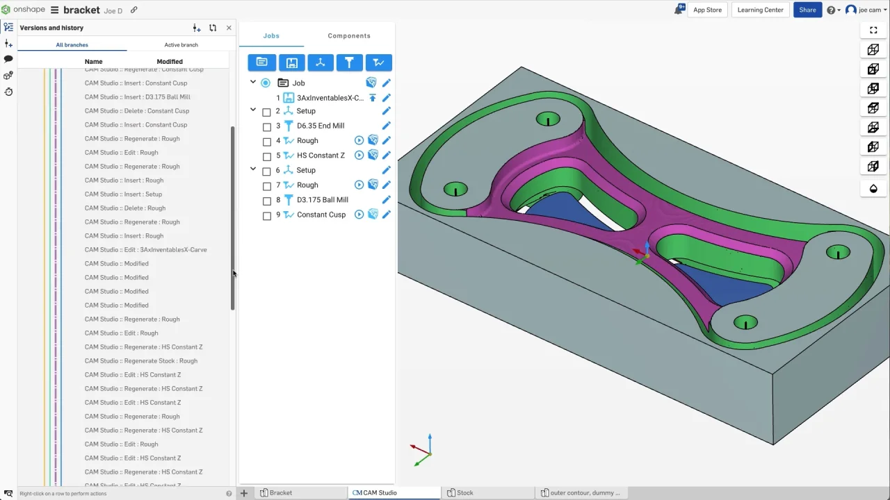 Onshape CAM Studio version history beside a bracket, setups, tools, and machining operations