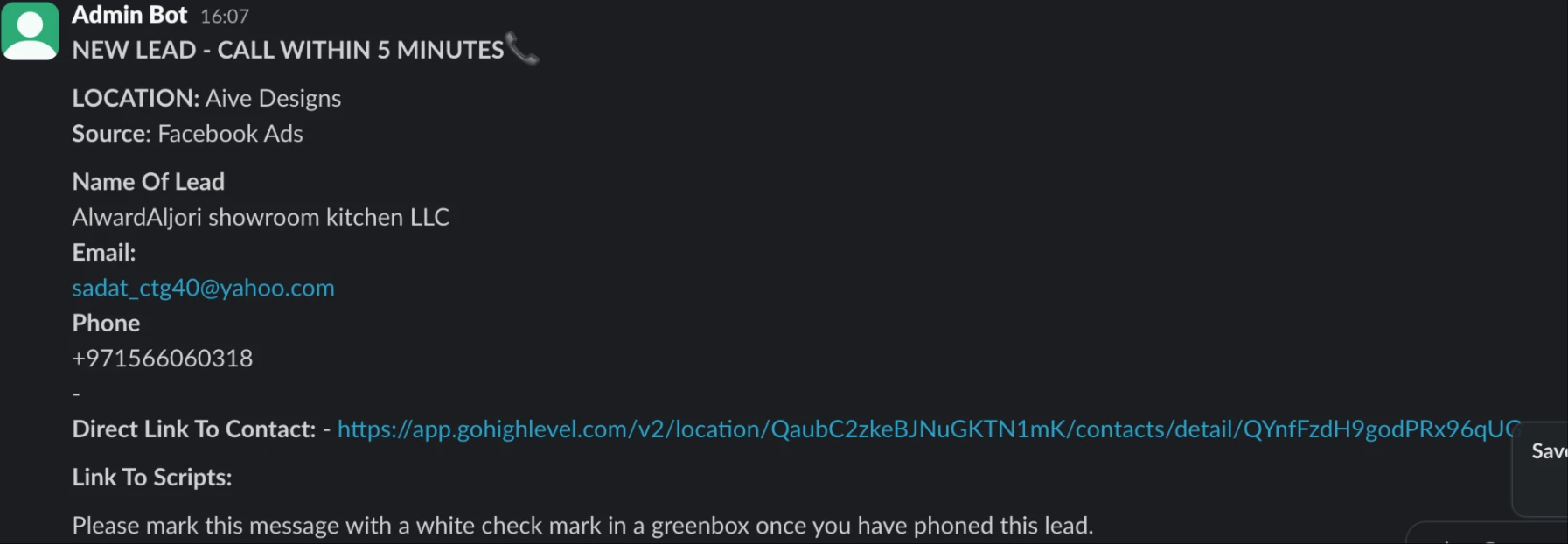 Slack alert: new lead, call within 5 minutes