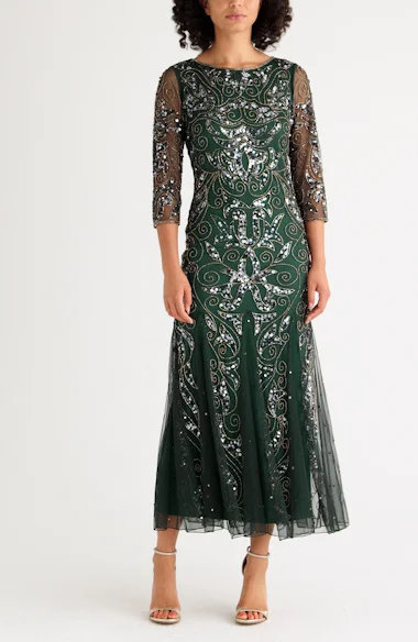 Pisarro Nights Illusion Sleeve Beaded A-Line Gown | Nordstrom