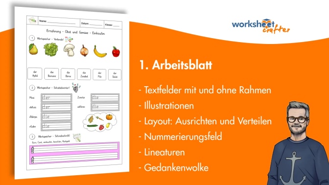 1. Arbeitsblatt - Textfeld, Illustrationen, Layout-Funktionen, Gedankenwolke, Lineaturen, Nummernfeld