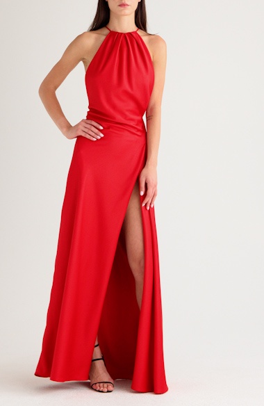 HOUSE OF CB Adrienne Gathered Satin Strapless Gown