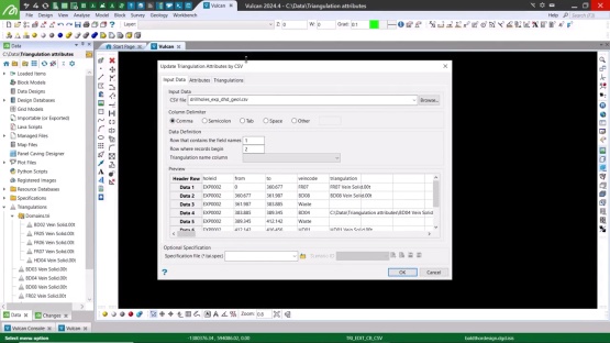 How to import triangulation attributes from CSV in Vulcan