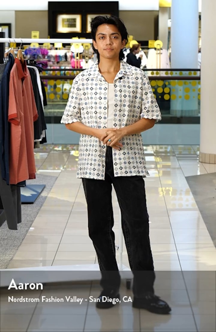 Wax London Didcot Geo Tile Print Stretch Seersucker Camp Shirt