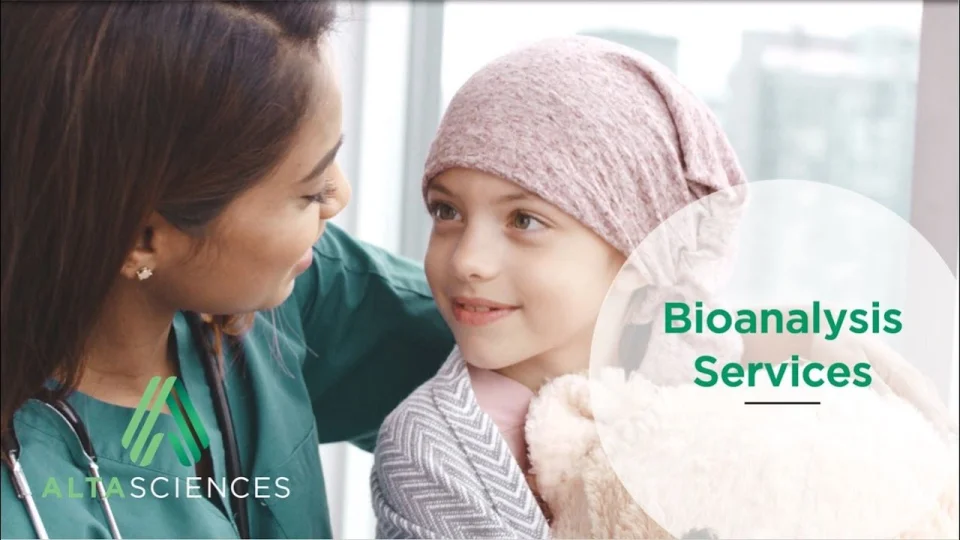 Doctor with arm around child patient with the words "Bioanalysis Services" written across