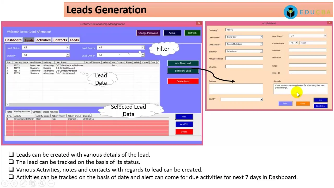 Creation of CRM by using VBA and SQL