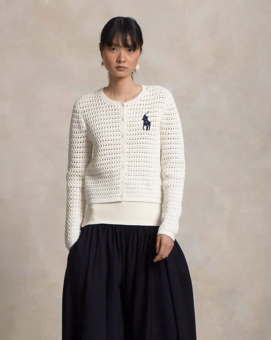Polo Ralph Lauren Big Pony Button-Up Cotton Crochet Crop Cardigan