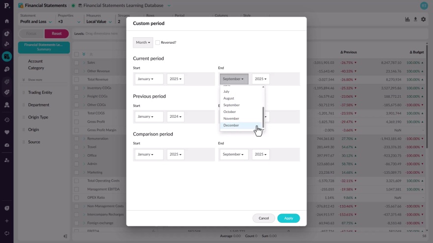 Set a custom period in Financial Statements