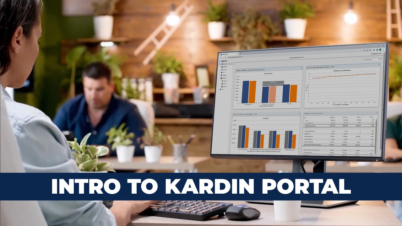 Kardin Portal intro video, budgeting dashboards on screen in a high-rise office