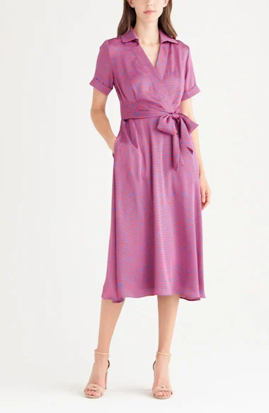 Plum Satin Wrap Shirt Dress