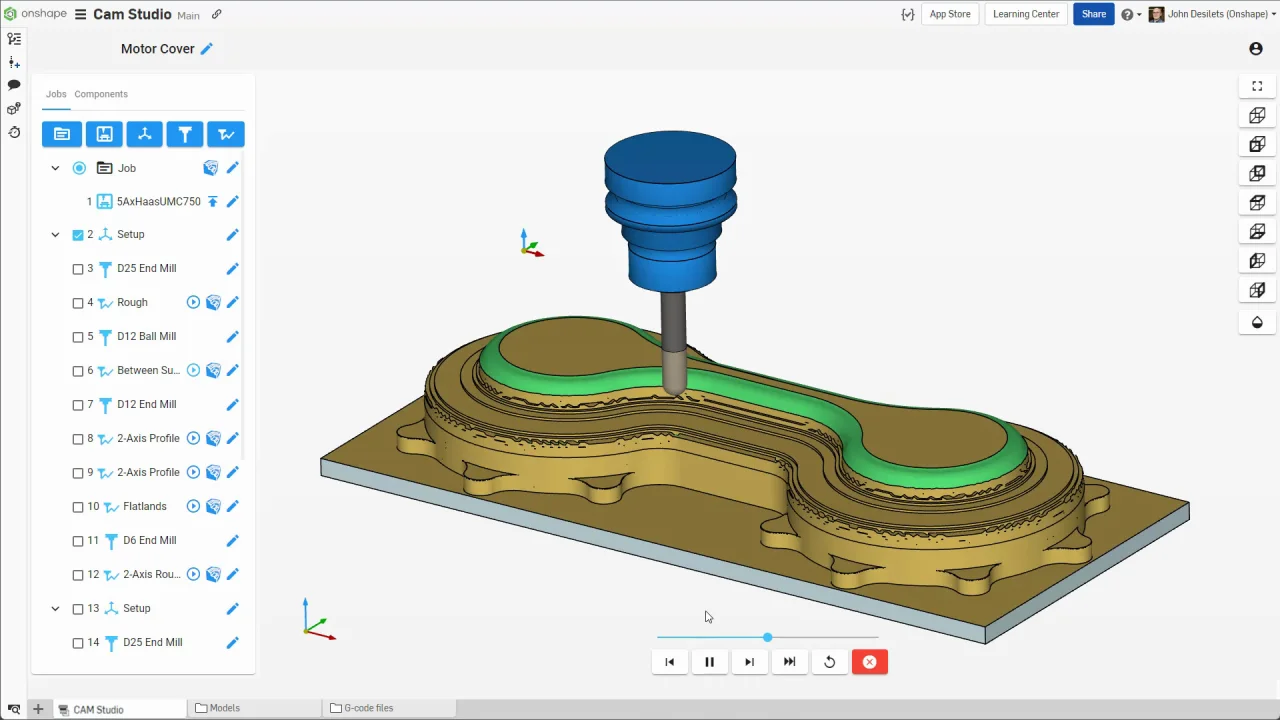 Onshape CAM Studio showing a cutter and simulated toolpath over a machined motor-cover part