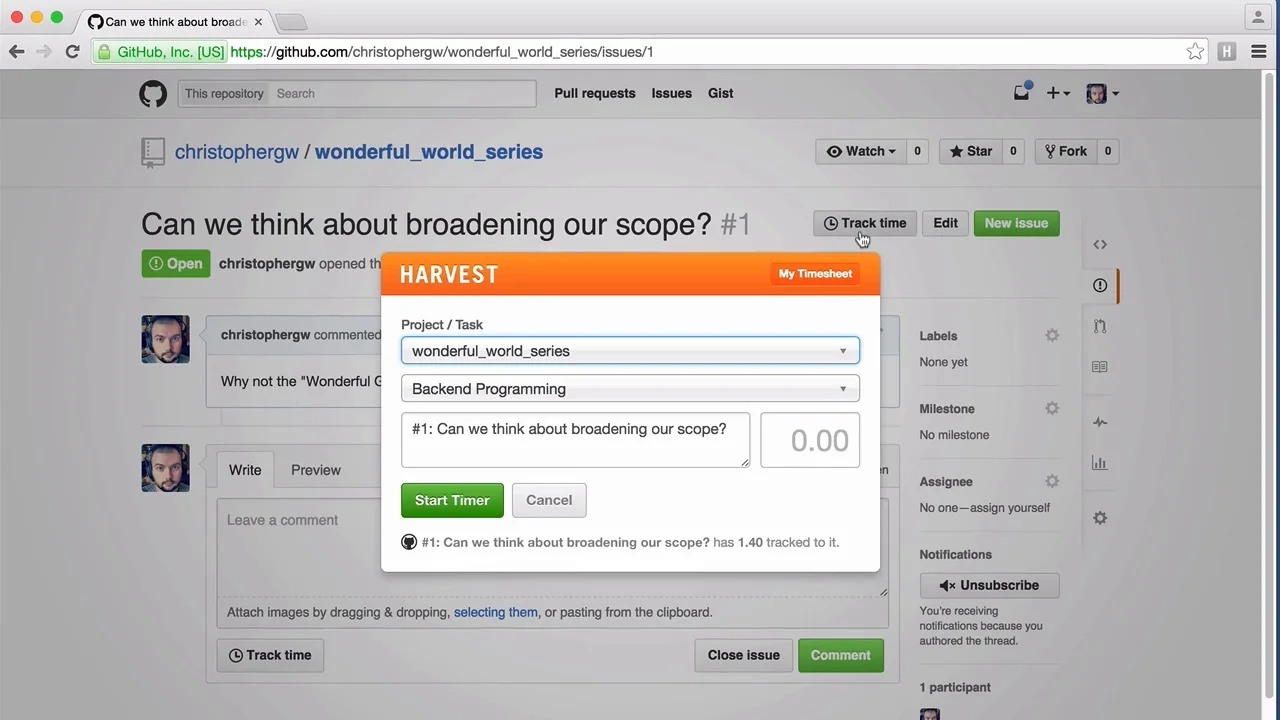 GitHub: Track time directly from GitHub issues 🎦 – Harvest Help