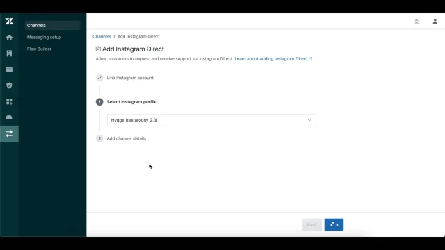A interface de configuração de canal do Zendesk mostrando o fluxo de trabalho 'Adicionar Instagram Direct', incluindo etapas para vincular uma conta do Instagram e selecionar um perfil.