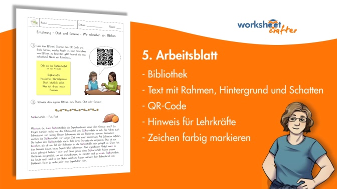 5. Arbeitsblatt - Bibliothek, Textfeld als Post-it-Zettel, QR-Code, Hinweis für Lehrkräfte im AB verstecken