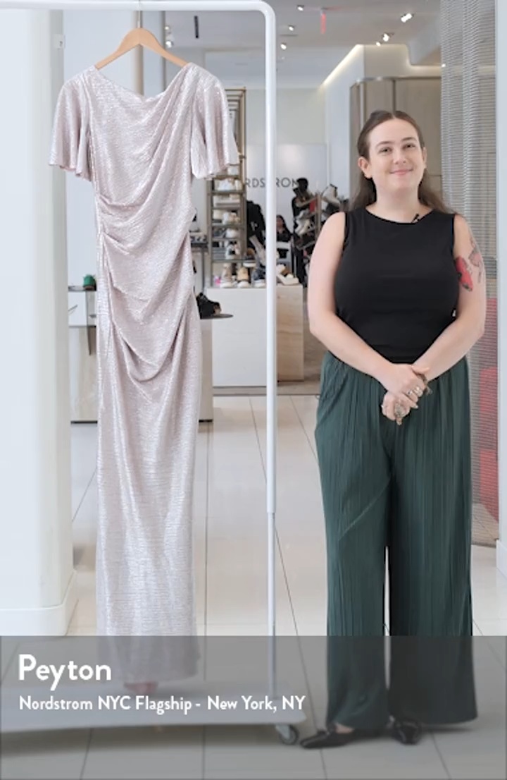 Metallic Ruffle Off the Shoulder Gown