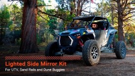 MRREXT1032 - UTV Roll-Bar Mount Rear Side Mirror Kit w/ 48W LED Offroad Spot and Flood Lights and Amber Sequential Turn Signals