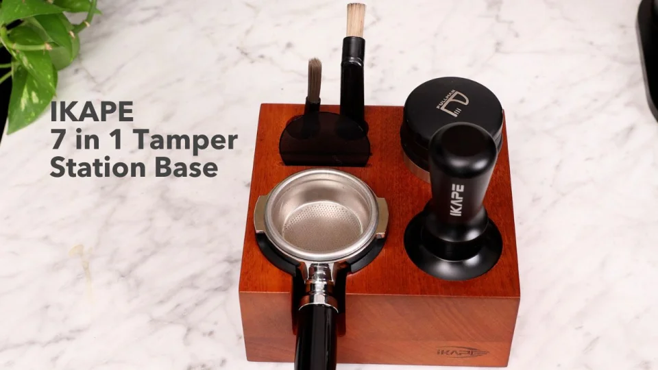TREELF Walnut Espresso Tamping Station For 58mm Espresso Machine Portafilter Stand Base Adjustable Height 3-in-1 Coffee Tamper