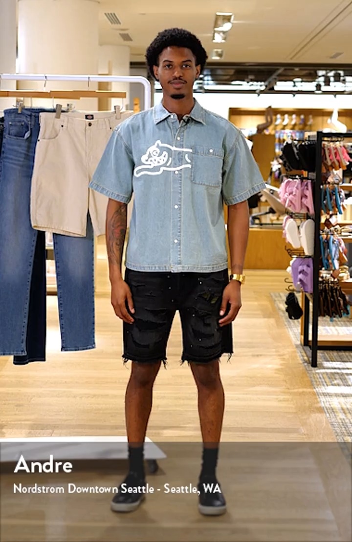 ICECREAM Running Dog Short Sleeve Denim Graphic Button-Up Shirt